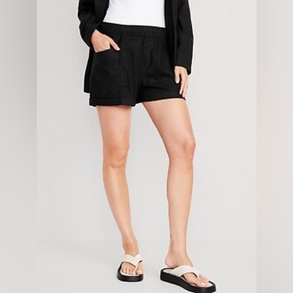Old Navy High Waist Black Linen Blend Women's Utility Shorts EUC Sz‎ Lg - Picture 1 of 9